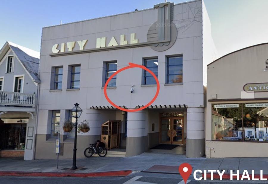 Nevada City Hall with a Flock camera circled in red
